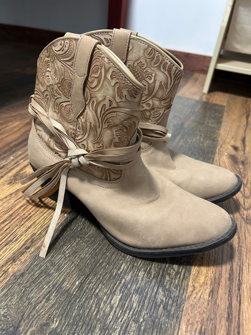 dingo Tan Embossed Suede Western Ankle Booties with Tassel Wrap
